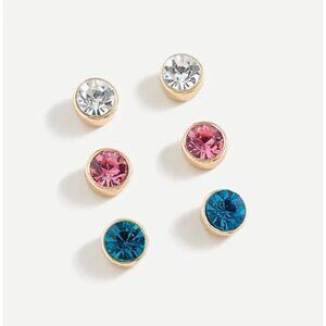NEW J. Crew Iona Gem Stud Earrings 3 Pair Pink/Blue/Clear Cubic Zirconia